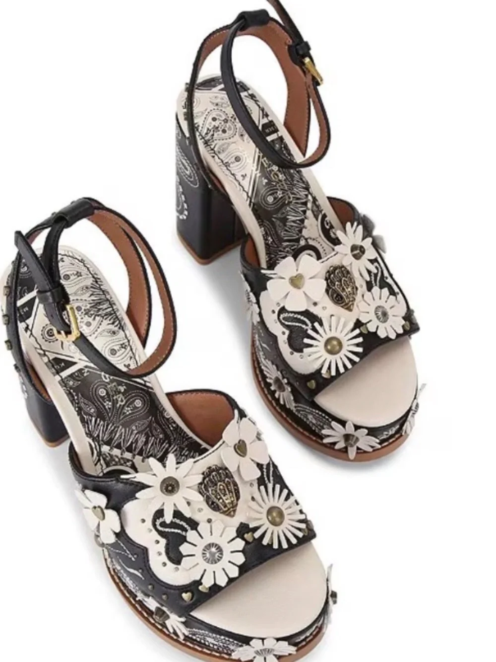 New Kurt Geiger Flower Western Studded Ornament Block Heel Platform Sandals - Picture 2 of 5